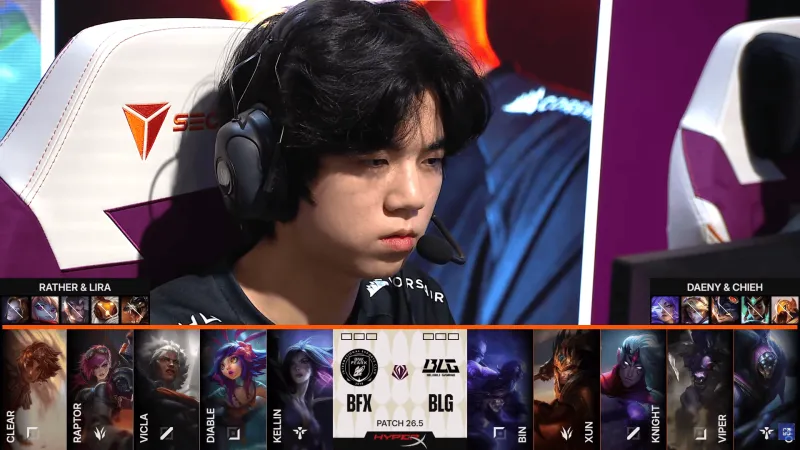 kaiyun中心-BLG对阵BFX首局BP：knight一抢瑞兹，Diable选卡莎打韦鲁斯